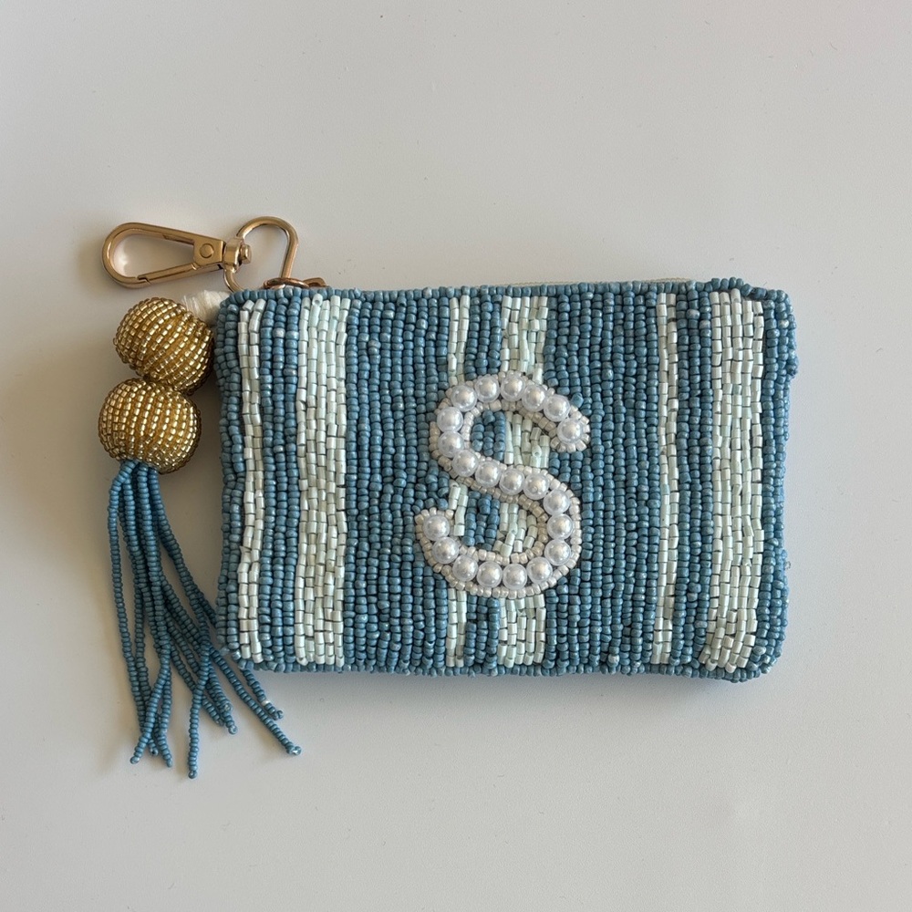 Beaded Monogram 'S' Zip Pouch in Blue and White - Made in India